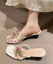 Boutique French Beige Slide Sandals Floral Peep Toe