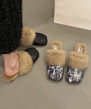 Boutique Fuzzy Wool Lined Splicing Slippers Shoes Black Sequins