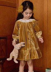 Boutique Ginger Embroideried Floral Silk Velour Kids Long Dresses Puff Sleeve