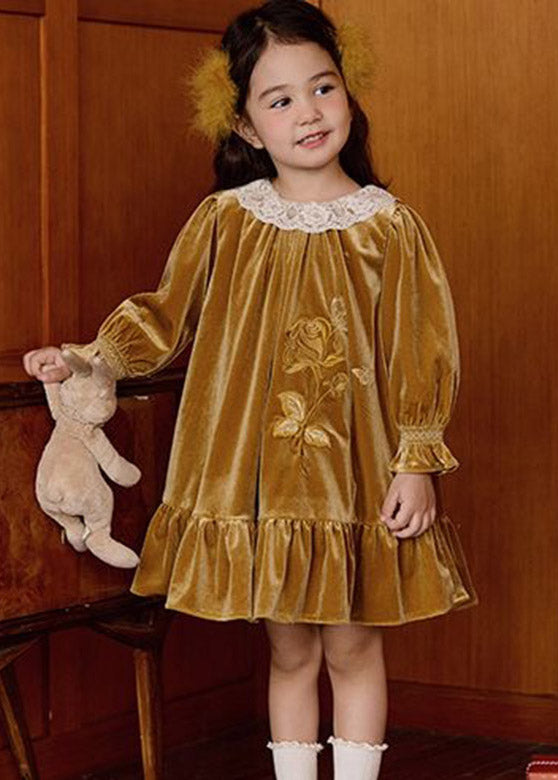 Boutique Ginger Embroideried Floral Silk Velour Kids Long Dresses Puff Sleeve