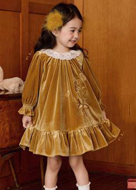 Boutique Ginger Embroideried Floral Silk Velour Kids Long Dresses Puff Sleeve