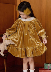 Boutique Ginger Embroideried Floral Silk Velour Kids Long Dresses Puff Sleeve