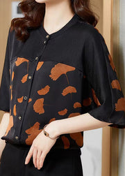 Boutique Ginkgo Leaf O Neck Patchwork Print Silk Shirt Summer