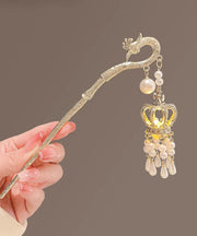 Boutique Gold Alloy Zircon Pearl Tassel Crown Hairpin