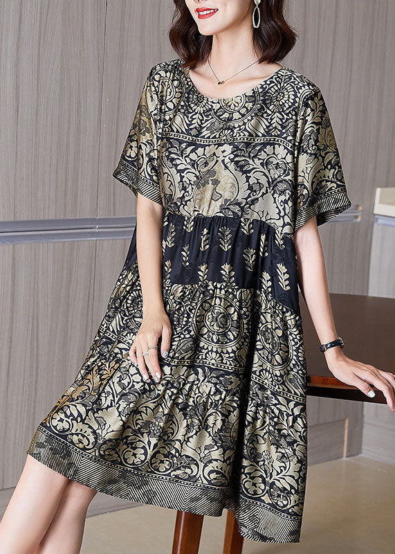 Boutique Gold O-Neck Print Wrinkled Patchwork Silk Dresses Summer