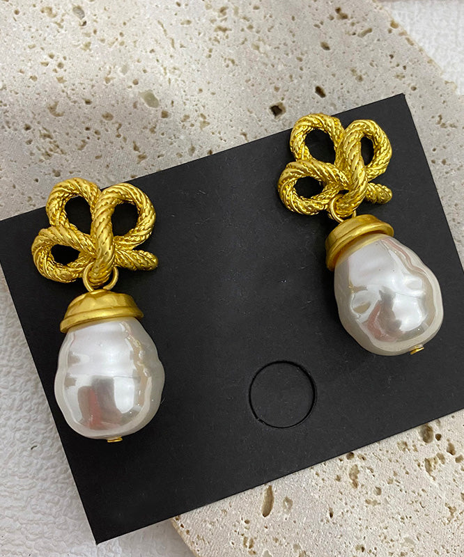 Boutique Gold Sterling Silver Alloy Pearl Bow Drop Earrings