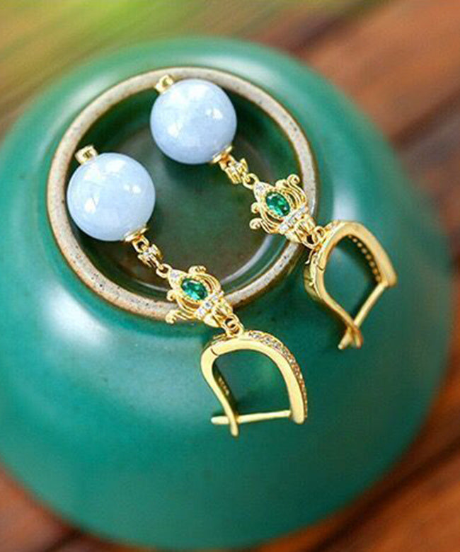 Boutique Gold Sterling Silver Overgild Inlaid Zircon Jade CrystalDrop Earrings