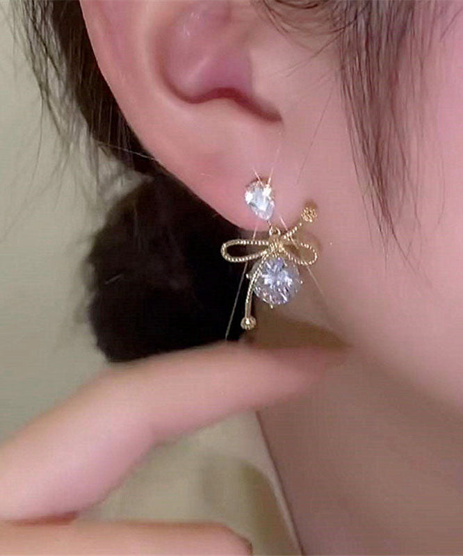 Boutique Gold Sterling Silver Overgild Zircon Crystal Bow Drop Earrings