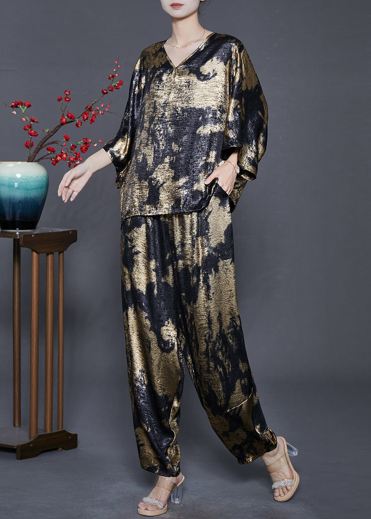 Boutique Golden Oversized Tie Dye Silk Two Pieces Set Batwing Sleeve