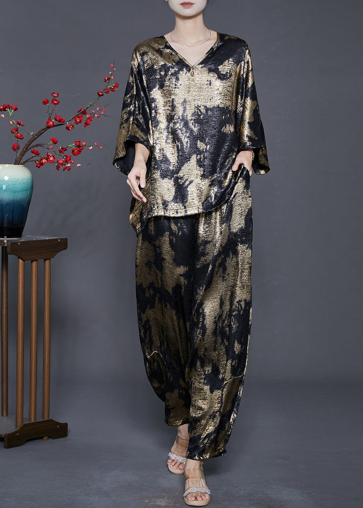 Boutique Golden Oversized Tie Dye Silk Two Pieces Set Batwing Sleeve