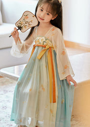 Boutique Gradient Color Embroideried Wrinkled Chiffon Kids Girls Long Dresses Summer