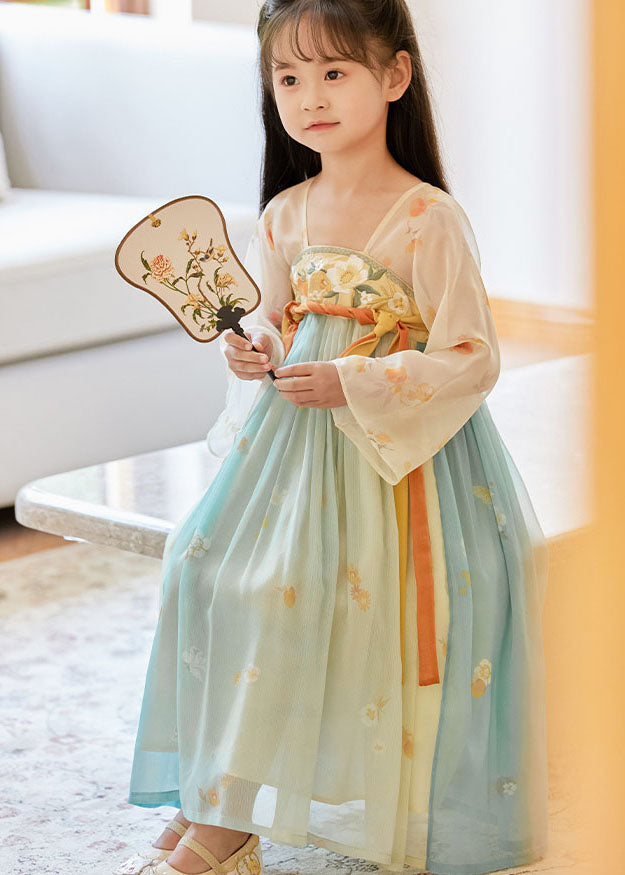 Boutique Gradient Color Embroideried Wrinkled Chiffon Kids Girls Long Dresses Summer