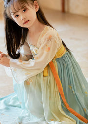 Boutique Gradient Color Embroideried Wrinkled Chiffon Kids Girls Long Dresses Summer