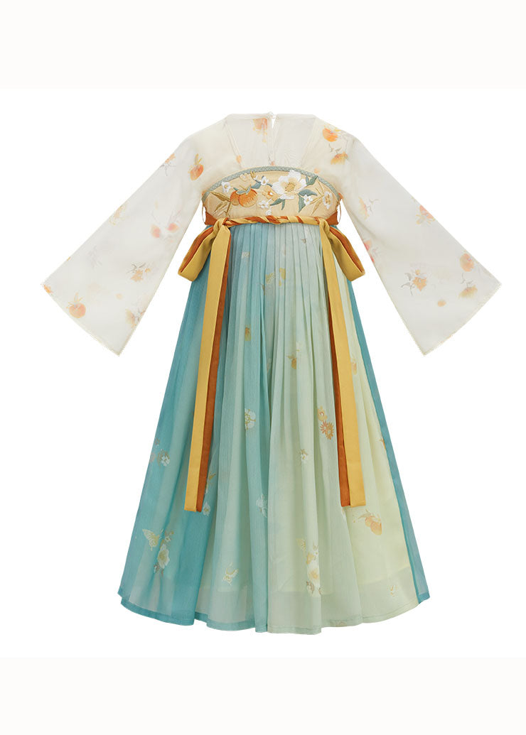 Boutique Gradient Color Embroideried Wrinkled Chiffon Kids Girls Long Dresses Summer