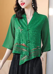 Boutique Green Asymmetrical Embroideried Silk Shirt Tops Bracelet Sleeve