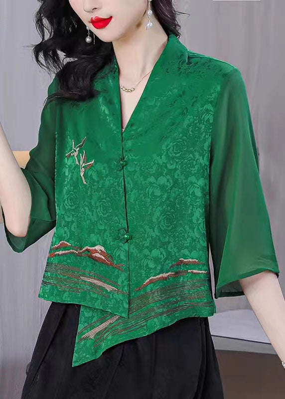 Boutique Green Asymmetrical Embroideried Silk Shirt Tops Bracelet Sleeve