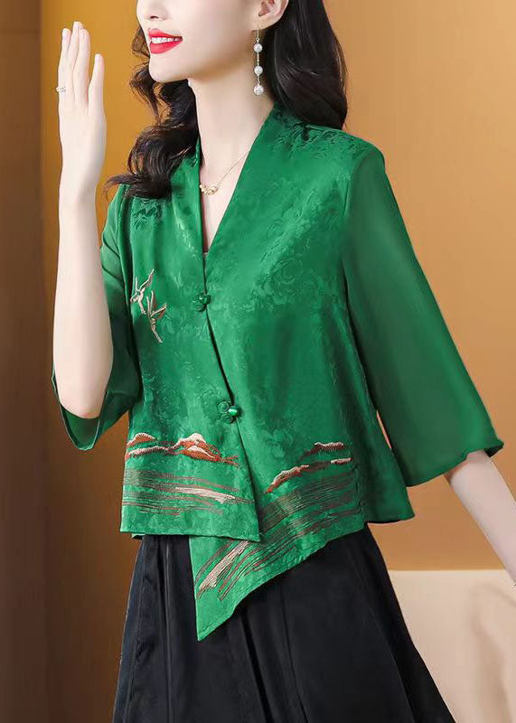 Boutique Green Asymmetrical Embroidered Silk Shirt Tops Bracelet Sleeve