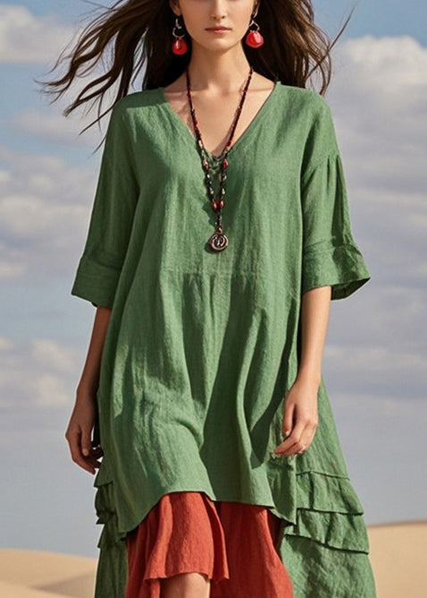 Boutique Green Asymmetrical Fake Two Piece Cotton Robe Dresses Summer