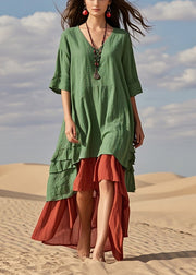 Boutique Green Asymmetrical Fake Two Piece Cotton Robe Dresses Summer