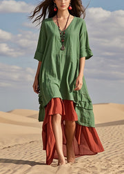 Boutique Green Asymmetrical Fake Two Piece Cotton Robe Dresses Summer