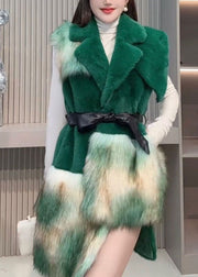 Boutique Green Asymmetrical Patchwork Faux Fur Vest Winter