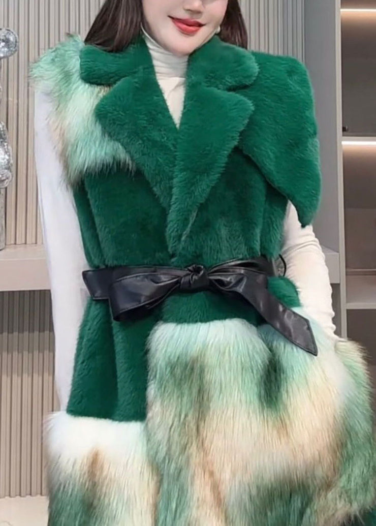 Boutique Green Asymmetrical Patchwork Faux Fur Vest Winter