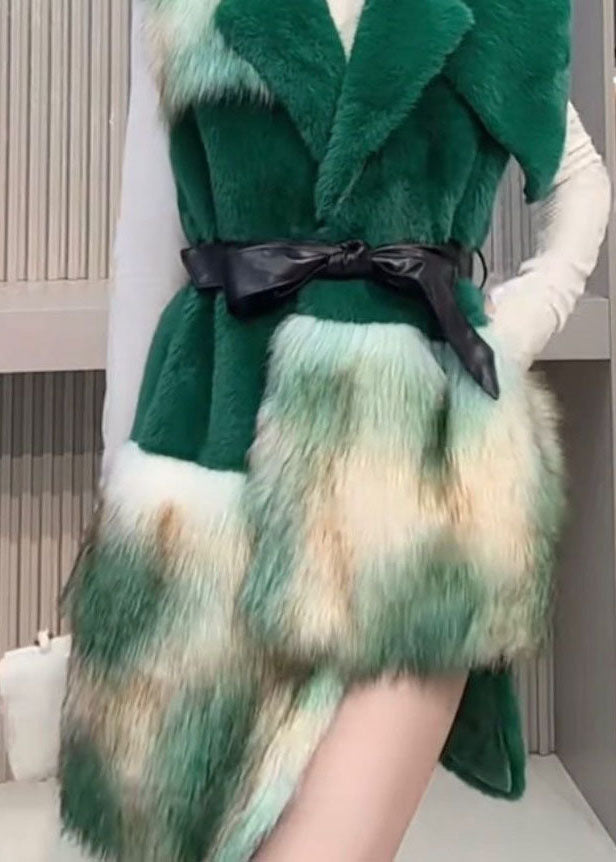 Boutique Green Asymmetrical Patchwork Faux Fur Vest Winter