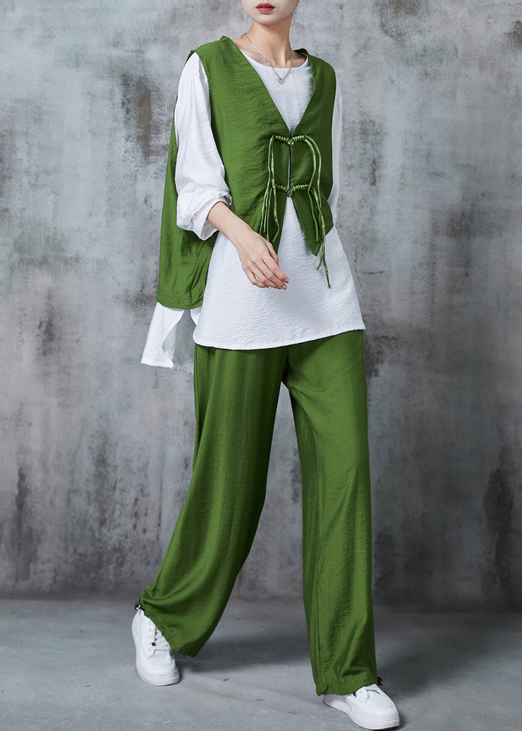 Boutique Green Chinese Button Linen Silk Three Pieces Set Summer