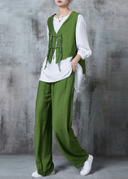 Boutique Green Chinese Button Linen Silk Three Pieces Set Summer