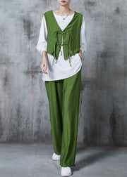 Boutique Green Chinese Button Linen Silk Three Pieces Set Summer