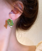 Boutique Green Copper Zircon Asymmetrical Square Bow Drop Earrings