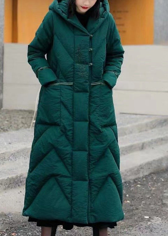 Boutique Green Embroidered Hoodies Duck Down Puffers Coat Winter