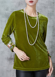 Boutique Green Embroidered Silk Velour Blouses Spring