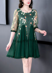 Boutique Green Embroidered Patchwork Tulle Mid Dresses Summer