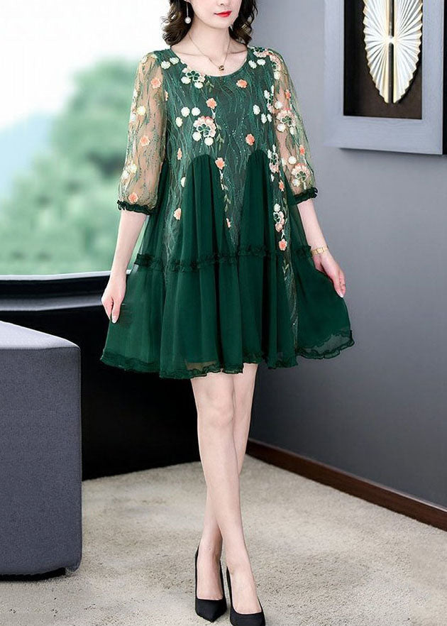 Boutique Green Embroidered Patchwork Tulle Mid Dresses Summer