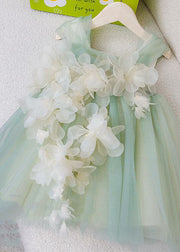 Boutique Green Floral Bow Patchwork Tulle Kids Girls Princess Dresses Summer