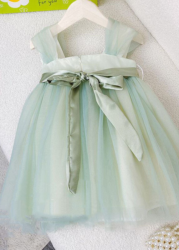 Boutique Green Floral Bow Patchwork Tulle Kids Girls Princess Dresses Summer