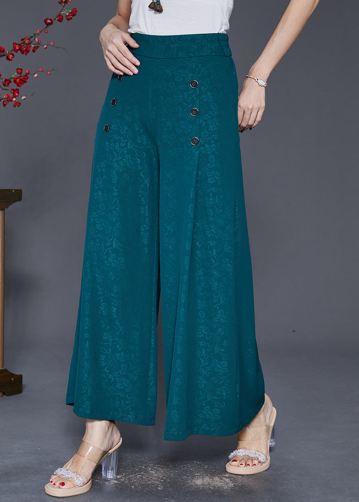 Boutique Green Jacquard Double Breast Silk Wide Leg Pants Fall