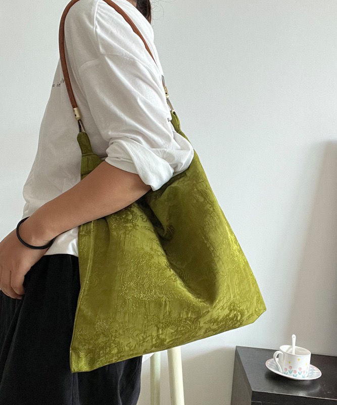 Boutique Green Jacquard Silk Vintage Satchel Handbag