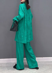 Boutique Green Mandarin Collar Tassel Silk Long Shirts And Straight Pants Two Pieces Set Long Sleeve