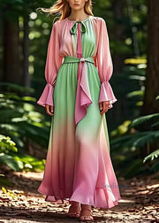 Boutique Green O-Neck Patchwork Silk Holiday Maxi Dress Fall