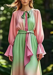Boutique Green O-Neck Patchwork Silk Holiday Maxi Dress Fall