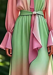 Boutique Green O-Neck Patchwork Silk Holiday Maxi Dress Fall