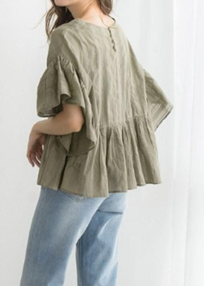 Boutique Green O-Neck Patchwork Wrinkled Cotton A Line Blouse Tops Butterfly Sleeve