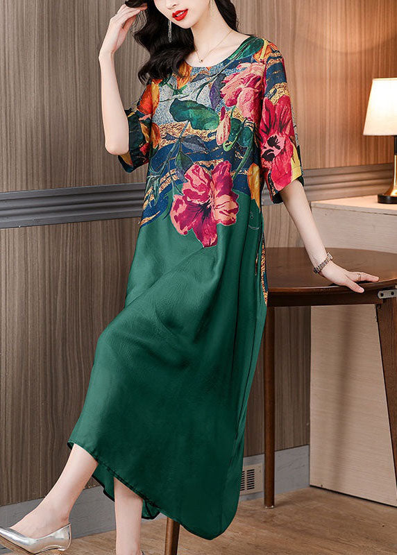 Boutique Green O Neck Print Patchwork Silk Dresses Summer