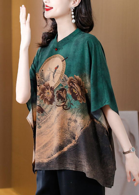 Boutique Green Oversized Print Silk Shirt Top Batwing Sleeve