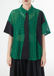 Boutique Green Peter Pan Collar Hollow Out Patchwork Lace Shirt Summer