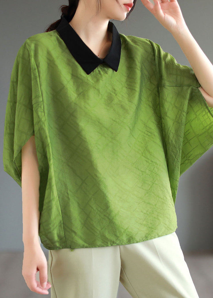 Boutique Green Peter Pan Collar Patchwork Cotton T Shirt Tops Batwing Sleeve