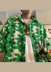 Boutique Green Peter Pan Collar Print Men Hawaiian Shirts Summer