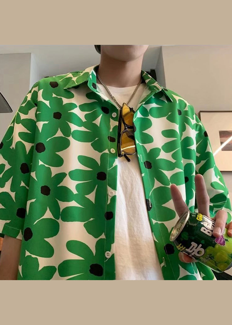 Boutique Green Peter Pan Collar Print Men Hawaiian Shirts Summer